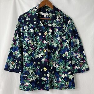 Charter Club Women's M‎ Floral Blue Button Up Blazer Jacket 3/4 Sleeves